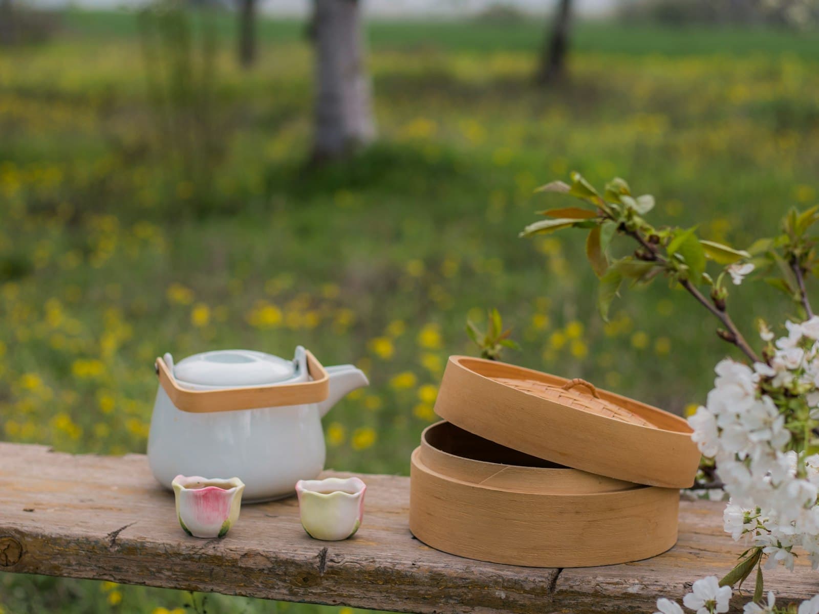 A traditional teapot and cups beside a flowering branch