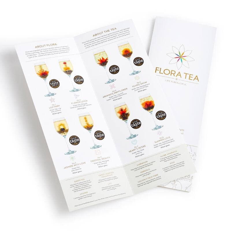Flora Tea A4 menu — the 8 tea collection with Great Taste awards and flower benefits