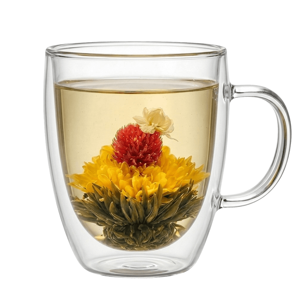 Flora Tea Signature Double Walled Mug — borosilicate glass with insulating air gap